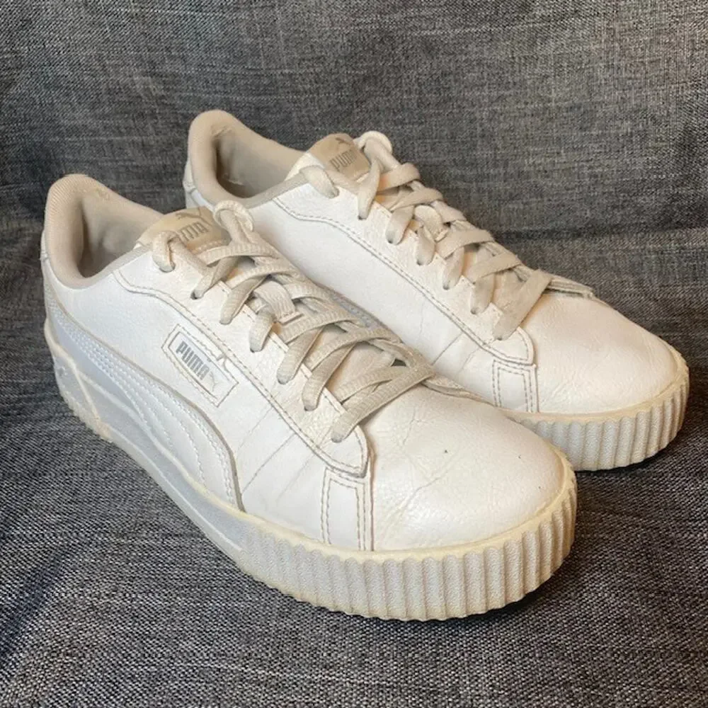Puma Carina Triple White Low Top Casual Sneakers Shoes Womens 8.5 Athletic